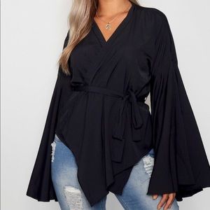 Black Wide Sleeve Wrap Top